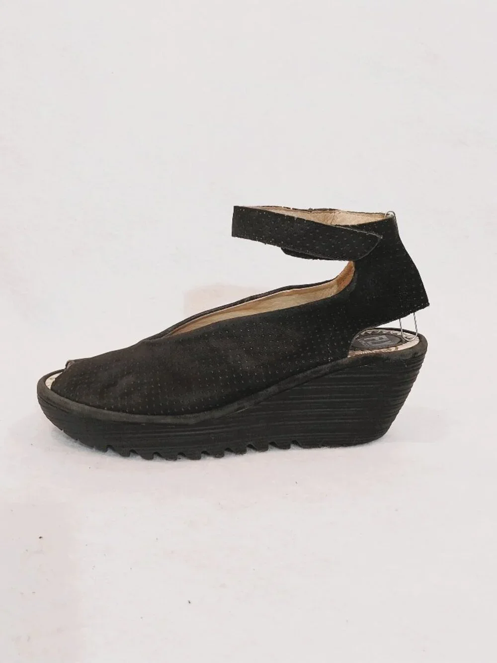Fly London Yala Sandals Women US 8.5 EU 39 Black Suede Wedge Peep Toe Perforated